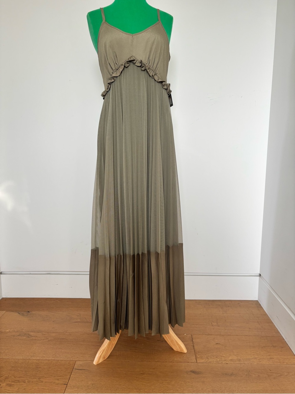 Dkny Olive Green Ruffle Empire Maxi Dress